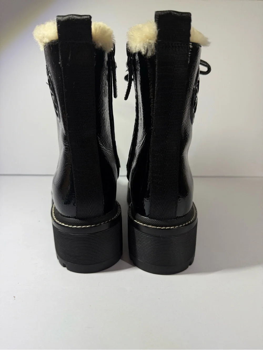 Tory Burch Black Patent Leather Shearling-Trim Combat Boots size5